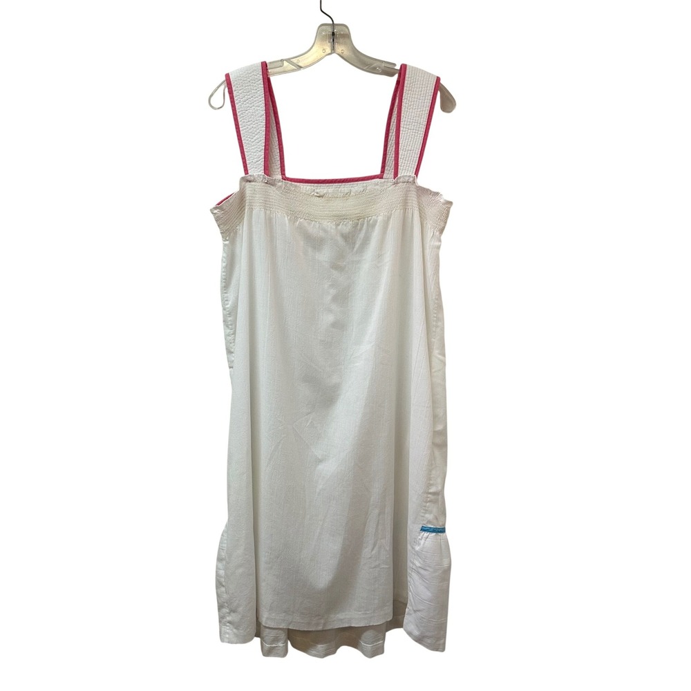 Vintage White Smocked House Dress Nightgown Pink Blue Trim Pockets USA Small - Picture 2 of 6